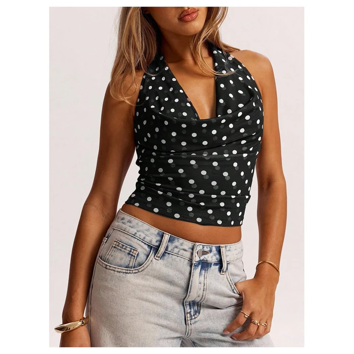 MakeMeChic Women's Polka Dots Halter Top Y2k Going Out Tops Backless Deep V Cowl Neck Tops Black XS by MakeMeChic - Image 2
