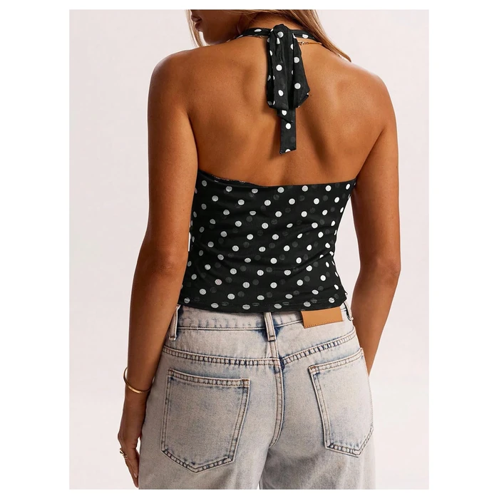 MakeMeChic Women's Polka Dots Halter Top Y2k Going Out Tops Backless Deep V Cowl Neck Tops Black XS by MakeMeChic - Image 3
