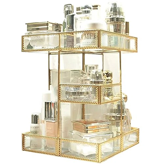 Hersoo 360 Degree Rotation Makeup Organizer Antique Countertop Cosmetic Storage Box Mirror Glass Beauty Display, Gold Spin Large Capacity Holder for Brushes Lipsticks Skincare Toner by Hersoo - Used - Like New condition - US$90.24
