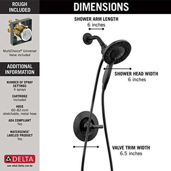 Delta Faucet Arvo 14 Series Single-Handle Shower Faucet, Shower Trim Kit with 4-Spray In2ition 2-in-1 Dual Hand Held Shower Head with Hose, Matte Black 142840-BL-I (Valve Included) by DELTA - Image 2