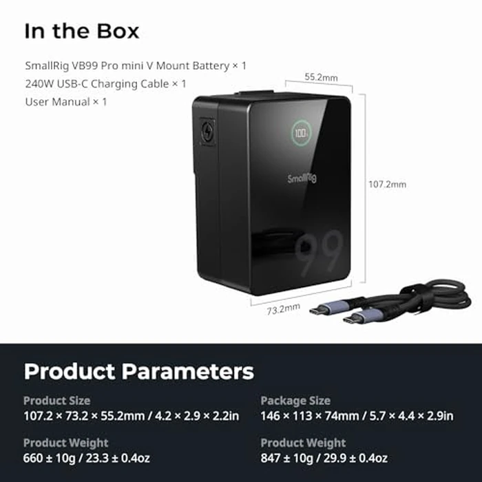SmallRig V Mount Battery VB99 Pro, 6800mAh 99Wh 14.8V V-Mount Battery Support 100W PD USB-C Fast Charger, with D-TAP, Dual USB-C, Dual DC Port, USB-A, for Camera, Camcorder, Monitor, Filmmaker - 4292 by SmallRig - Image 9