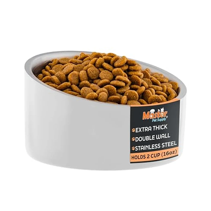 Master Pet Supply Stainless Steel Slanted Dog Cat Food Bowl - 16 oz Heavy Duty - Bone White, Double Wall Insulated, Non-Slip Elevated Bowl for French Bulldogs Pugs Cats, Anti Rust Dishwasher Safe by Master Pet Supply - Used - Very Good condition