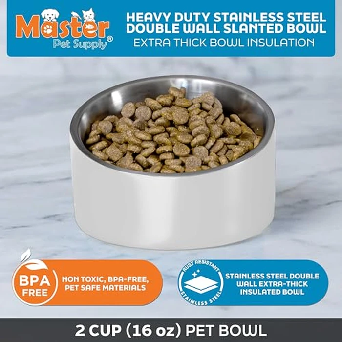 Master Pet Supply Stainless Steel Slanted Dog Cat Food Bowl - 16 oz Heavy Duty - Bone White, Double Wall Insulated, Non-Slip Elevated Bowl for French Bulldogs Pugs Cats, Anti Rust Dishwasher Safe by Master Pet Supply - Image 3