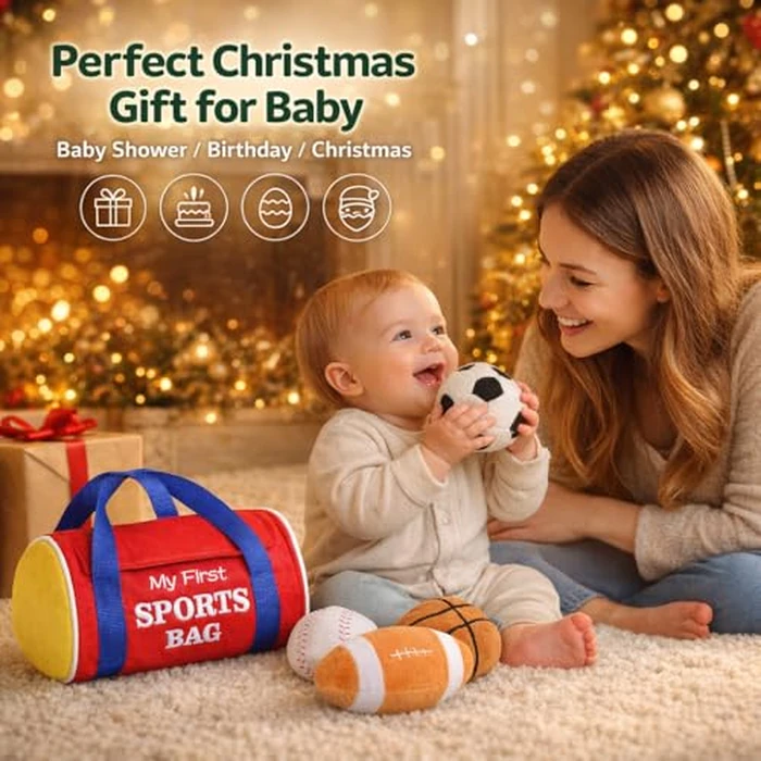 KMUYSL Baby Toys 0-12 Months, My First Sports Bag Plush Toy - 4 Sensory Balls Soft Toys with Crinkle, Rattles for 0-3-6-9-12 Month Newborn Infant, 1st Birthday for Babies Boys Girls Age 1 by KMUYSL - Image 7