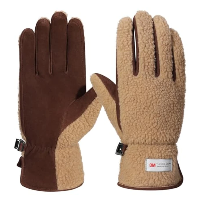 Harssidanzar Sherpa Gloves Women's Outdoor Winter for Genuine Suede Gloves Thermal Lined SL021US,Camel/Darkbrown,Size, S by Harssidanzar - Image 1