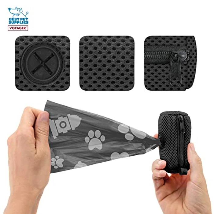 Best Pet Supplies Dog Poop Bag Holder Leash Attachment with 15 Bags, Black, Reusable Mesh Dispenser Pouch for Travel, Walking, Park, and Outdoor Use, Soft and Durable with Clip-On by Best Pet Supplies - Image 3