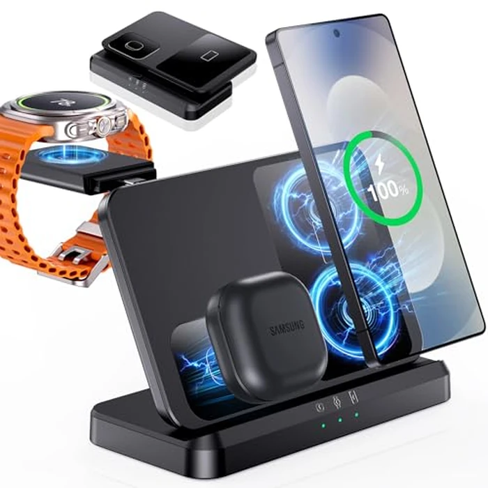 EGV Wireless Charger for Samsung - 3 in 1 Wireless Charging Station for Galaxy S26 Ultra S25 S24, Z Fold Flip 7/6, Detachable Watch Charger for Galaxy Ultra 8/7/6, Foldable, Fast Charging, No Adapter by EGV - Used - Like New condition - US$21.84
