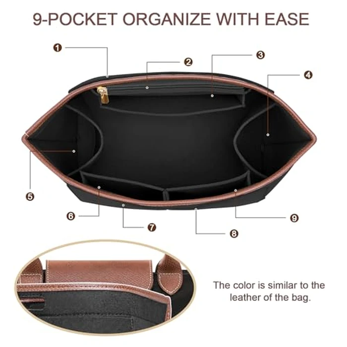 DOIAPUOS Felt Purse Organizer Insert for Longchamp Le Pliage L Bag Handbag Leather edge Longchamp Organizer Insert (Black, Large) by DOIAPUOS - Image 4