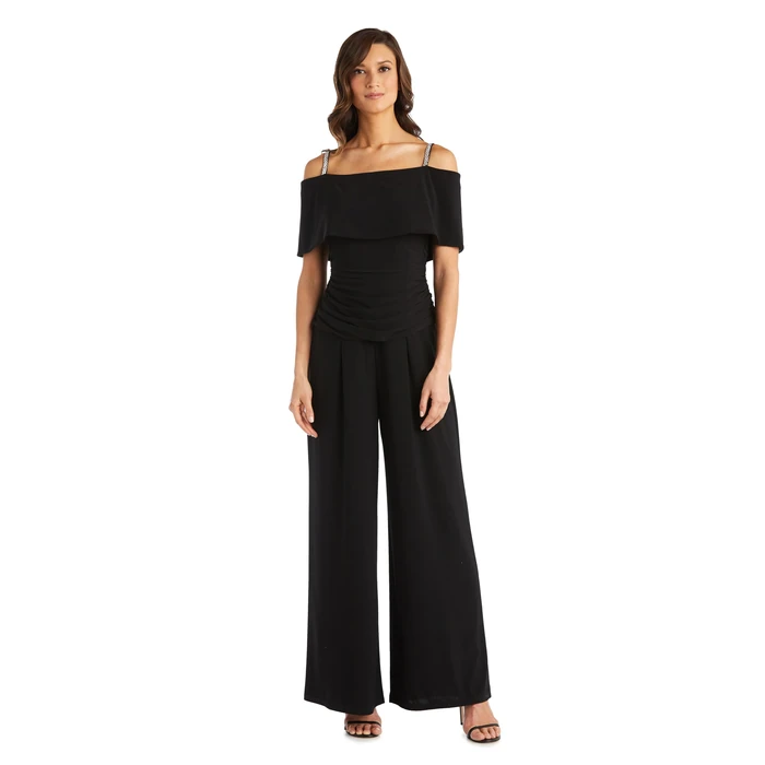 R&M Richards Women's Off-the-Shoulder Ruched Bodice Jumpsuit W/Rhinestone Straps & Wide Legs - Evening, Cocktail Party Style by R&M Richards - Used - Like New condition