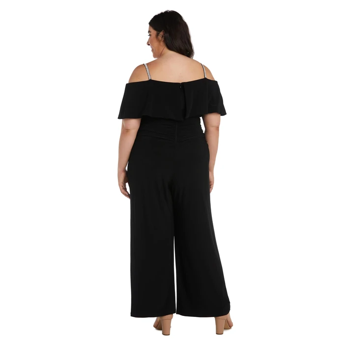 R&M Richards Women's Off-the-Shoulder Ruched Bodice Jumpsuit W/Rhinestone Straps & Wide Legs - Evening, Cocktail Party Style by R&M Richards - Image 3