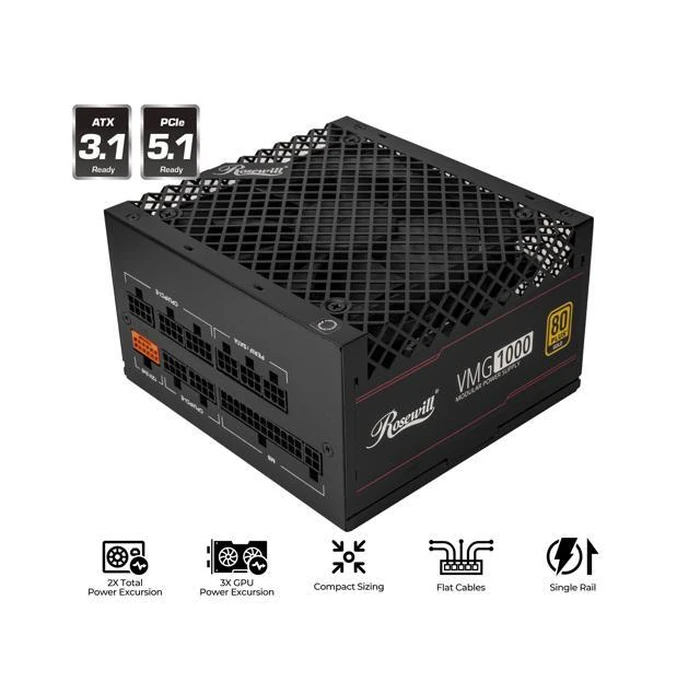 Rosewill VMG 1000W 80+ Gold, ATX 3.0 & 3.1 Compatible, Full Modular Low-Noise Power Supply, PCIe 5.1 12V-2x6 Connector, 100% Japanese Capacitor, 120mm by Rosewill - Open Boxproduct Type condition - US$99.00