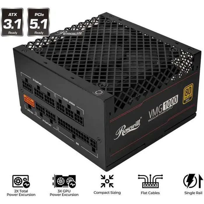 Rosewill VMG 1000W 80+ Gold, ATX 3.0 & 3.1 Compatible, Full Modular Low-Noise Power Supply, PCIe 5.1 12V-2x6 Connector, 100% Japanese Capacitor, 120mm by Rosewill - Image 2