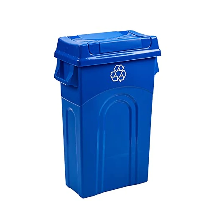 United Solutions 23 Gallon Highboy Plastic Recycling Bin Kitchen Trash Can with Lid, Pass Through Handles, and Dustpan Edge, Blue by United Solutions - Used - Acceptable condition