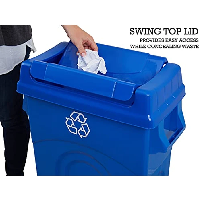United Solutions 23 Gallon Highboy Plastic Recycling Bin Kitchen Trash Can with Lid, Pass Through Handles, and Dustpan Edge, Blue by United Solutions - Image 4