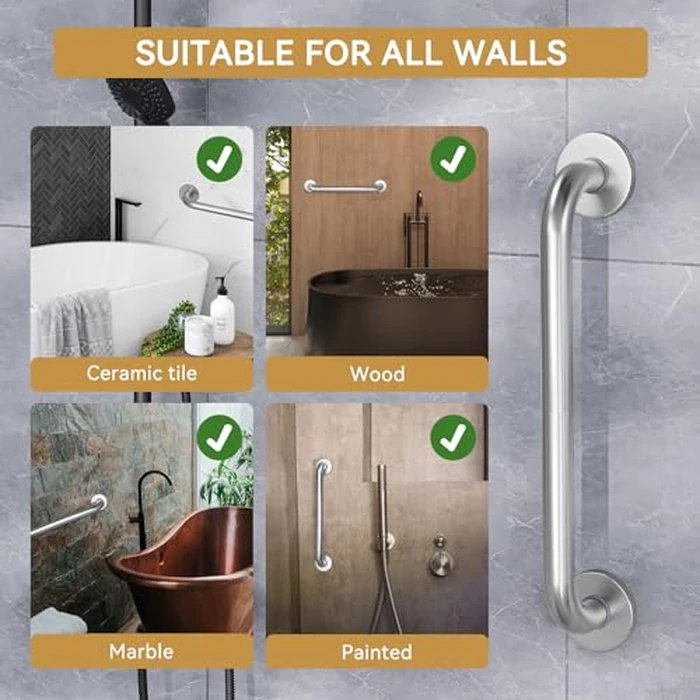 AmazerBath Shower Grab Bars for Seniors Anti Slip, Bath Safety Grab Bar for Needy, Stainless Steel Bathroom Safety Grab Bars, Thickened Bar Bigger Base Holds 500LBS, 16" L x 1" D, Brushed Nickel by AmazerBath - Image 7