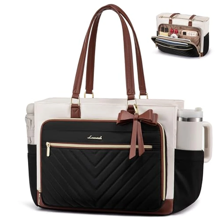 LOVEVOOK Teacher Tote Bag for Women, Work Laptop Bag Gift with Large Cup Holder, Quilted Nurse Bag Diaper Tote with Multi-Pockets, Large Computer Handbag Purse for Bussiness Travel, Office, College by LOVEVOOK - Image 1