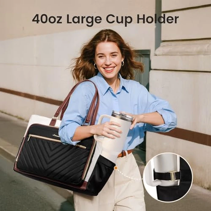 LOVEVOOK Teacher Tote Bag for Women, Work Laptop Bag Gift with Large Cup Holder, Quilted Nurse Bag Diaper Tote with Multi-Pockets, Large Computer Handbag Purse for Bussiness Travel, Office, College by LOVEVOOK - Image 3