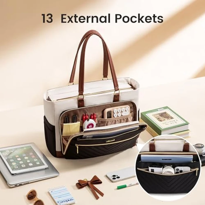 LOVEVOOK Teacher Tote Bag for Women, Work Laptop Bag Gift with Large Cup Holder, Quilted Nurse Bag Diaper Tote with Multi-Pockets, Large Computer Handbag Purse for Bussiness Travel, Office, College by LOVEVOOK - Image 4