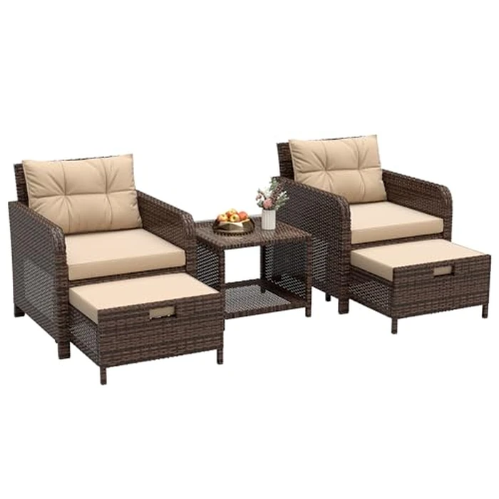 LHBcraft Outdoor Furniture 5 Piece Patio Conversation Set, PE Rattan Patio Set with Soft Cushions & Coffee Table, Outside Furniture with Hidden Ottoman for Porch, Lawn, Garden, Balcony, Brown by LHBcraft - Image 1