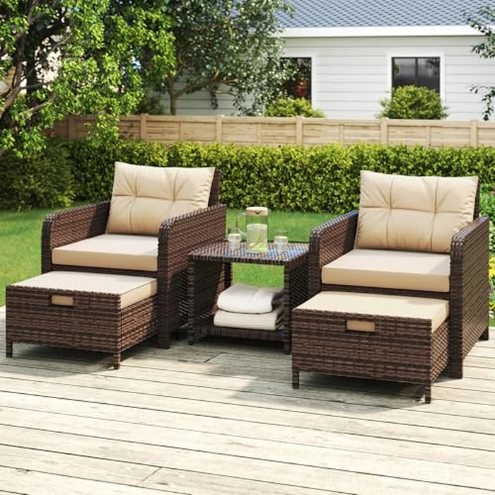 LHBcraft Outdoor Furniture 5 Piece Patio Conversation Set, PE Rattan Patio Set with Soft Cushions & Coffee Table, Outside Furniture with Hidden Ottoman for Porch, Lawn, Garden, Balcony, Brown by LHBcraft - Image 2