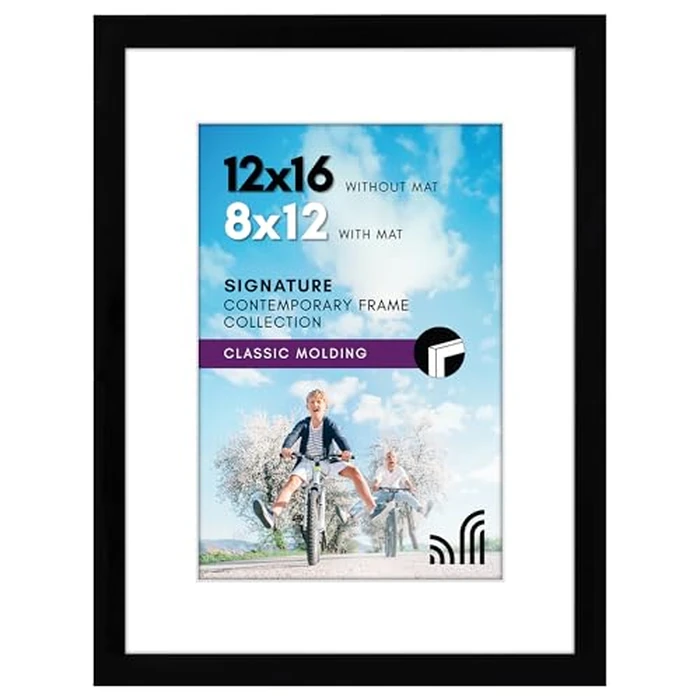 Americanflat 12x16 Picture Frame with Shatter-Resistant Glass - Use as 8x12 Frame with Mat or Display 12x16 Photo Without Mat - Signature Collection - Picture Frames for Wall Display - Black by Americanflat - Used - Like New condition - US$16.37