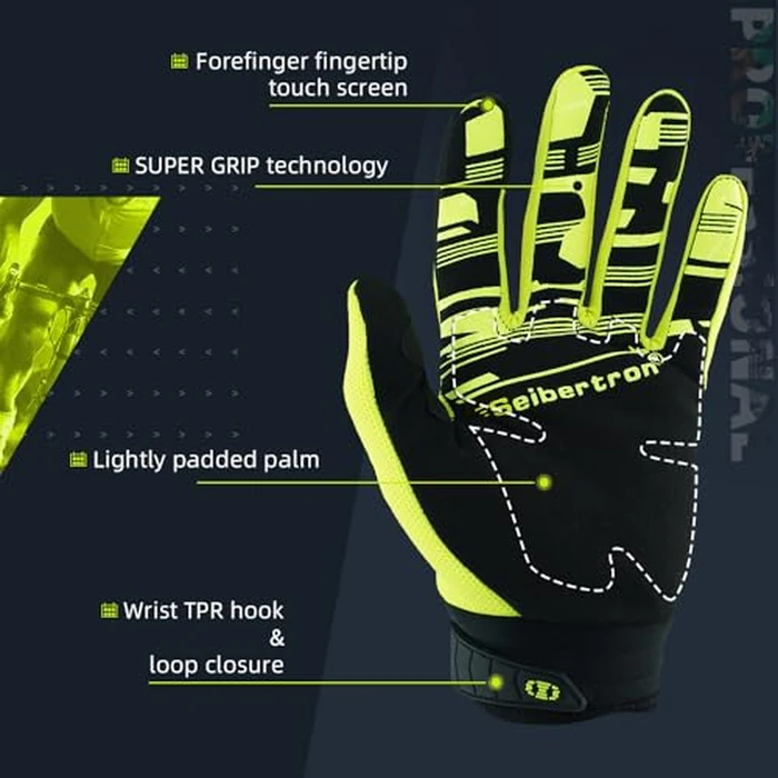Seibertron Unisex BMX MX ATV MTB Racing Mountain Bike Bicycle Cycling Off-Road/Dirt Bike Road Racing Motorcycle Motocross Sports Gloves Touch Recognition Full Finger Glove Fluo Yellow L by Seibertron - Image 5