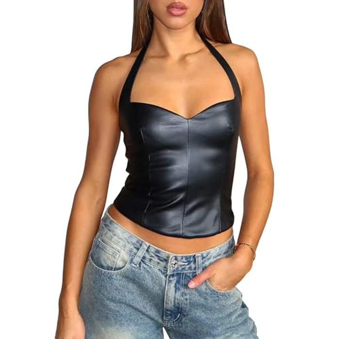 Coloquin Women Sexy Leather Top Sweetheart Neckline Halter Tops Backless Club Party Rave Going Out Tops Black L by Coloquin - Used - Like New condition