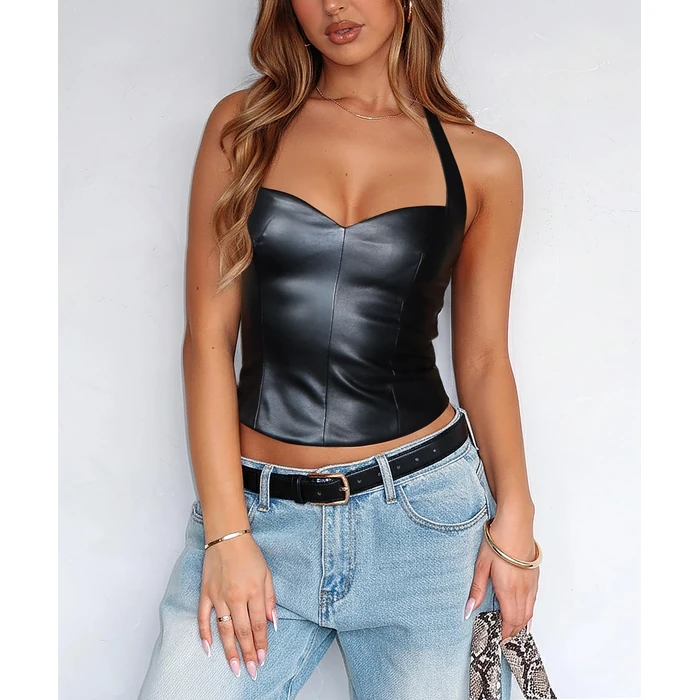 Coloquin Women Sexy Leather Top Sweetheart Neckline Halter Tops Backless Club Party Rave Going Out Tops Black L by Coloquin - Image 6