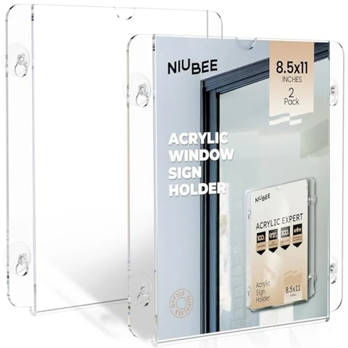 NIUBEE Acrylic Window Sign Holder with Suction Cups 8.5 X 11, Clear Acrylic Frames Glass Door Mount, Displaying Flyers, Notices and Menus, for Office, Store, Home, Restaurant (2 Pack) by NIUBEE - Image 1