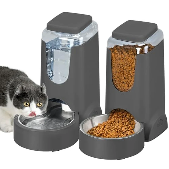 2 Pack Automatic Cat Feeder and Gravity Stainless Steel Water Dispenser, Dog Food Feeder and Waterer Set for Small Medium Puppy Kitten Pets (1 Gallon x 2, Gray) by WyfKyd - Used - Very Good condition - US$34.79