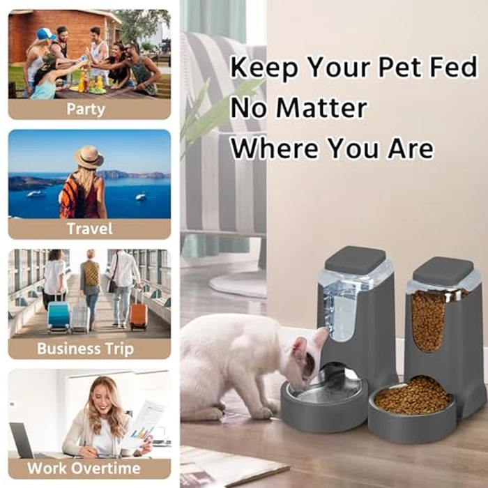 2 Pack Automatic Cat Feeder and Gravity Stainless Steel Water Dispenser, Dog Food Feeder and Waterer Set for Small Medium Puppy Kitten Pets (1 Gallon x 2, Gray) by WyfKyd - Image 2