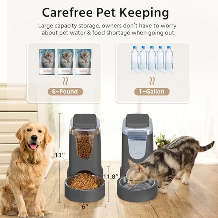 2 Pack Automatic Cat Feeder and Gravity Stainless Steel Water Dispenser, Dog Food Feeder and Waterer Set for Small Medium Puppy Kitten Pets (1 Gallon x 2, Gray) by WyfKyd - Image 3