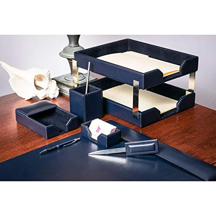 DACASSO Bonded Leather Desk Set - Luxury Leather Desk Pad & Desk Organization Essentials (Navy Blue, 8 Piece) by Dacasso - Image 4