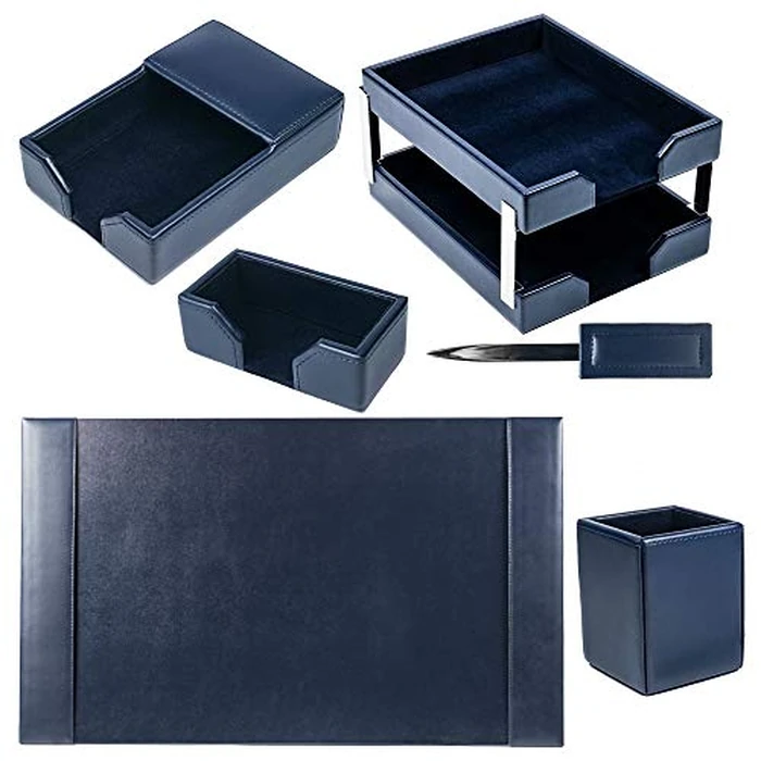 DACASSO Bonded Leather Desk Set - Luxury Leather Desk Pad & Desk Organization Essentials (Navy Blue, 8 Piece) by Dacasso - Image 5