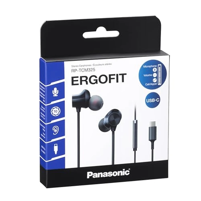 Panasonic ErgoFit Wired Earbuds, in-Ear Headphones with Microphone and Call Controller, Ergonomic Custom-Fit Earpieces (S/M/L), USB-C Compatible - RP-TCM325-K- (Black) by Panasonic - Image 2