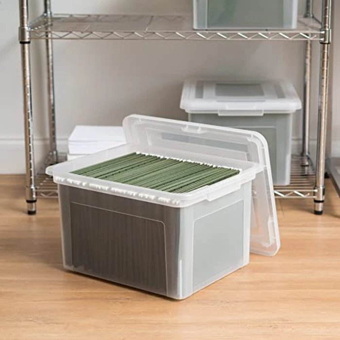 IRIS USA File Box, Plastic File Boxes With Lids, Document Organizer for Letter/Legal File, Document Box, Storage Bin For Hanging Files, Secure Latching Lid Stackable BPA-Free, Clear 35 Qt. 1 Pack by IRIS USA - Image 4