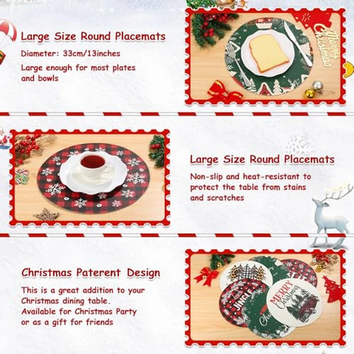 Christmas Placemats Set of 6 Faux Leather Washable Dining Table Mats 13Inch Round Heat Resistant Wipeable Waterproof Placemats for Holiday Parties Dinner Home Kitchen Decor Winter Truck Xmas Tree Mats by Lucomb - Image 3