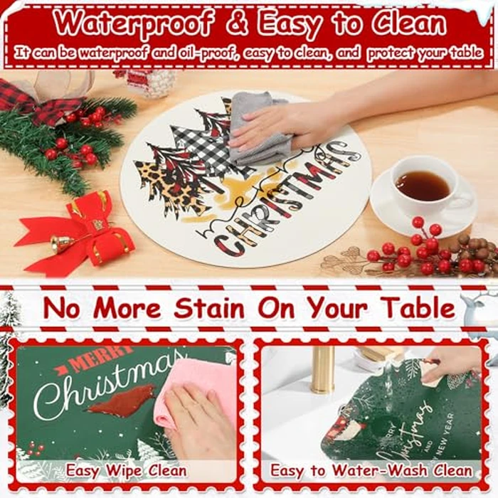 Christmas Placemats Set of 6 Faux Leather Washable Dining Table Mats 13Inch Round Heat Resistant Wipeable Waterproof Placemats for Holiday Parties Dinner Home Kitchen Decor Winter Truck Xmas Tree Mats by Lucomb - Image 5