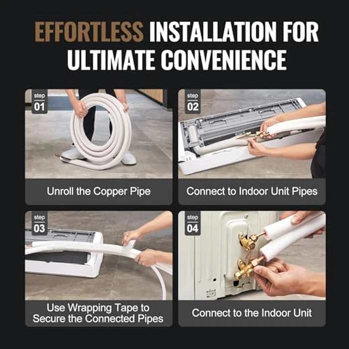 VEVOR 50FT Mini Split Line Set, 1/4" & 3/8" O.D. Copper Pipes Tubing with Triple-Layer Insulation & Wrapping Strips for Mini Split Air Conditioner AC Refrigerant HVAC Heat Pump System by VEVOR - Image 6