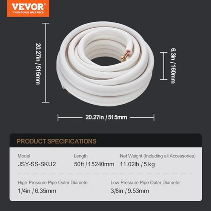 VEVOR 50FT Mini Split Line Set, 1/4" & 3/8" O.D. Copper Pipes Tubing with Triple-Layer Insulation & Wrapping Strips for Mini Split Air Conditioner AC Refrigerant HVAC Heat Pump System by VEVOR - Image 7