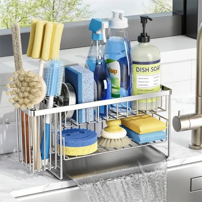 Cisily Silver 2-Tier Kitchen Sink Caddy Organzier Rack with Flexible Dish Brush Holder, Sponge Holder for Kitchen Sink Countertop Organization Storage,Home Decor Stainless Steel by Cisily - Image 1
