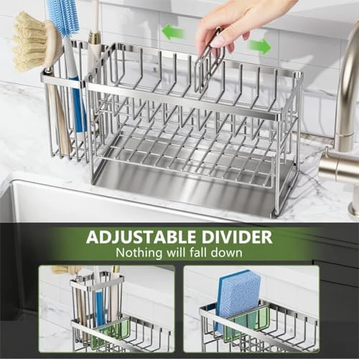 Cisily Silver 2-Tier Kitchen Sink Caddy Organzier Rack with Flexible Dish Brush Holder, Sponge Holder for Kitchen Sink Countertop Organization Storage,Home Decor Stainless Steel by Cisily - Image 7