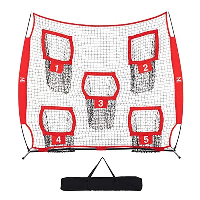 ZELUS Football Throwing Net, 7x7ft Football Practice Equipment with 5 Target Pockets for Throwing and Passing Practice, Portable Quarterback Trainer Net, QB Throw Accuracy Net with Carry Bag, Red by ZELUS - Image 1