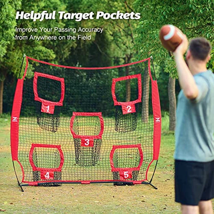 ZELUS Football Throwing Net, 7x7ft Football Practice Equipment with 5 Target Pockets for Throwing and Passing Practice, Portable Quarterback Trainer Net, QB Throw Accuracy Net with Carry Bag, Red by ZELUS - Image 2