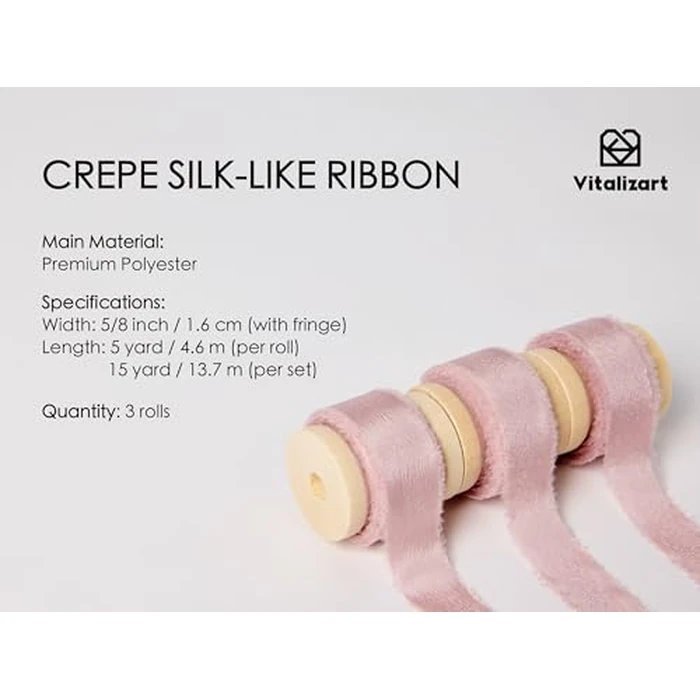 Vitalizart Pink Ribbon 5/8” Double Face Silky Satin Ribbon 15 Yard Crepe Silk Like Handmade Frayed Fringe for Gift Wrapping Baby Shower Wedding Bridal Bouquet Decor Dusty Pink Rose by Vitalizart - Image 1