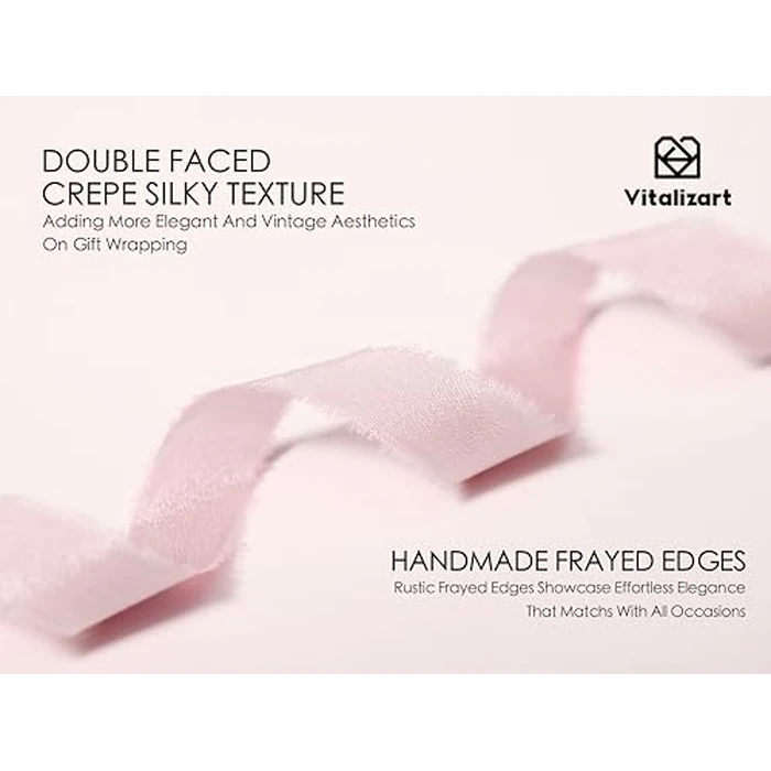 Vitalizart Pink Ribbon 5/8” Double Face Silky Satin Ribbon 15 Yard Crepe Silk Like Handmade Frayed Fringe for Gift Wrapping Baby Shower Wedding Bridal Bouquet Decor Dusty Pink Rose by Vitalizart - Image 3