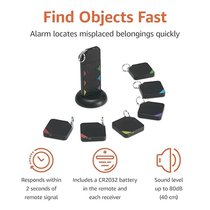 Amazon Basics Key Finder, Wallet, Pet, Phone, Item Locator - 6 Smart Trackers, 1 Remote, 100 ft (30 m) Range, up to 80dB alarm via RF signals. No phone, mobile app or WiFi required by Amazon Basics - Image 2
