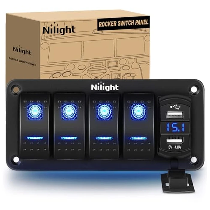 Nilight 4 Gang Rocker Switch Panel with 4.8 Amp Dual USB Charger Voltmeter Waterproof 12V 24V DC Night Glow Stickers for Car Trucks Boats RVs by Nilight - Image 1