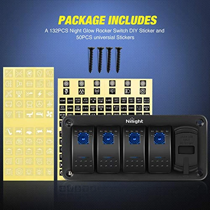 Nilight 4 Gang Rocker Switch Panel with 4.8 Amp Dual USB Charger Voltmeter Waterproof 12V 24V DC Night Glow Stickers for Car Trucks Boats RVs by Nilight - Image 8