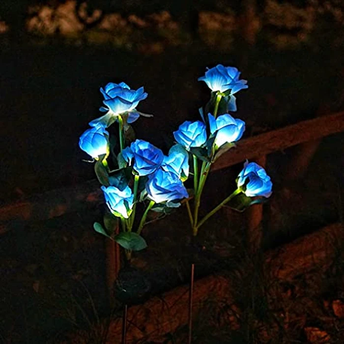 Decorman Solar Garden Rose Lights - 2 Pack Realistic Outdoor Flower Lights, Waterproof LED Stake Landscape Decorative for Garden, Lawn, Yard, Pathway, Patio, Backyard (Blue, 10 Roses) by Decorman - Used - Like New condition